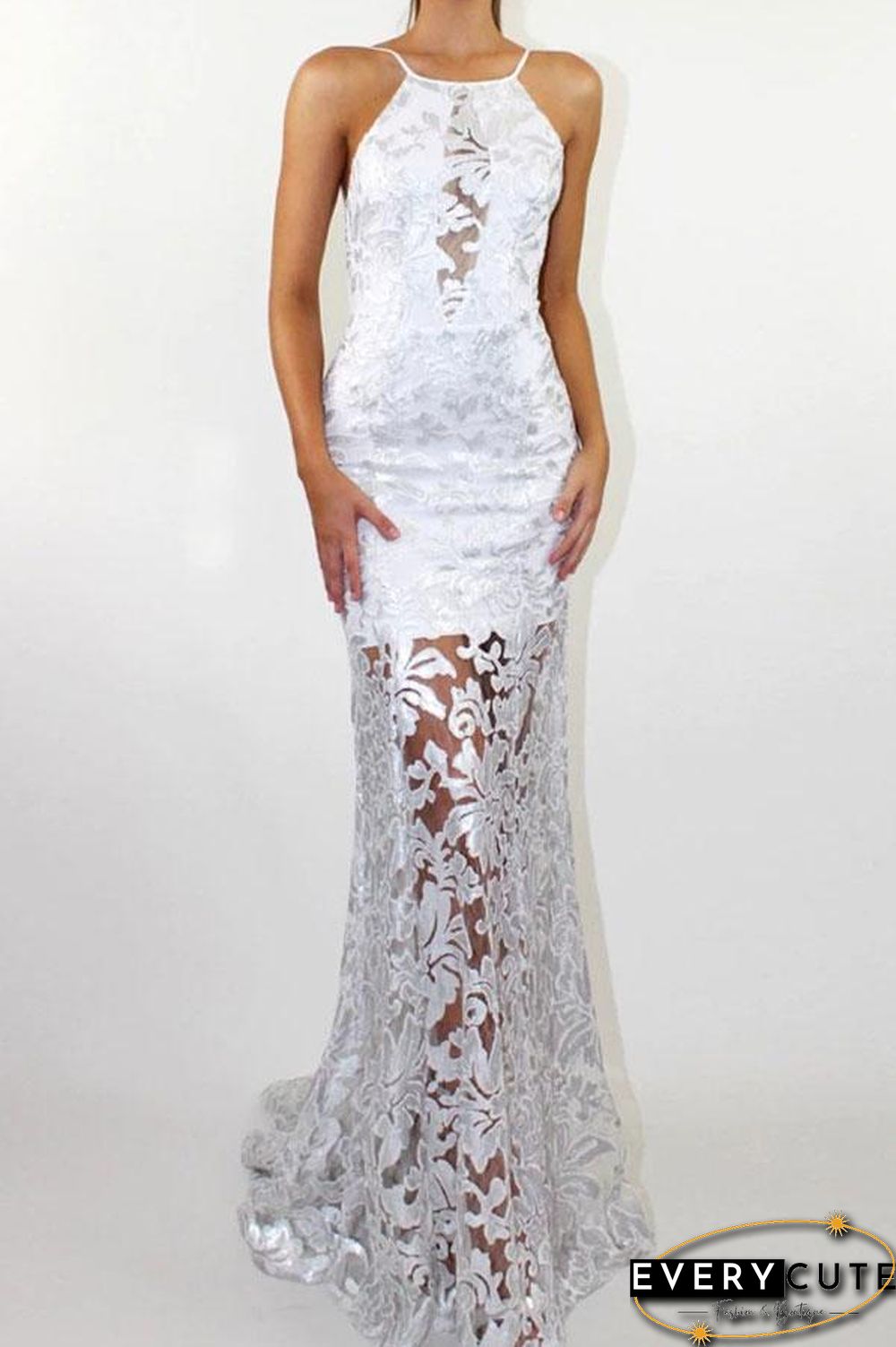 Lace Backless Overlay Long Dress