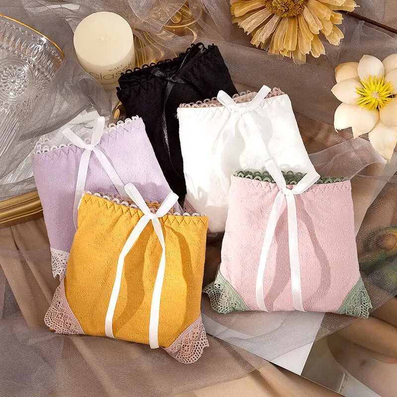 Billionm Girl Briefs Summer Thin Bow Tie Sling Hollow Lace Cotton Crotch Student Cute Candy Color Fashion and Comfortable WOMEN Loli