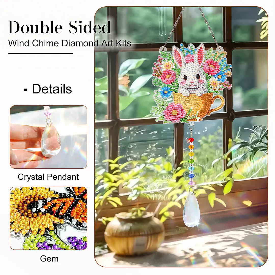 2Pcs Teacup Rabbit DIY Double-Sided Diamond Painting Hanging Kits Diamond Painting Suncatcher Craft Kit for Home Garden Wall Decor Gift