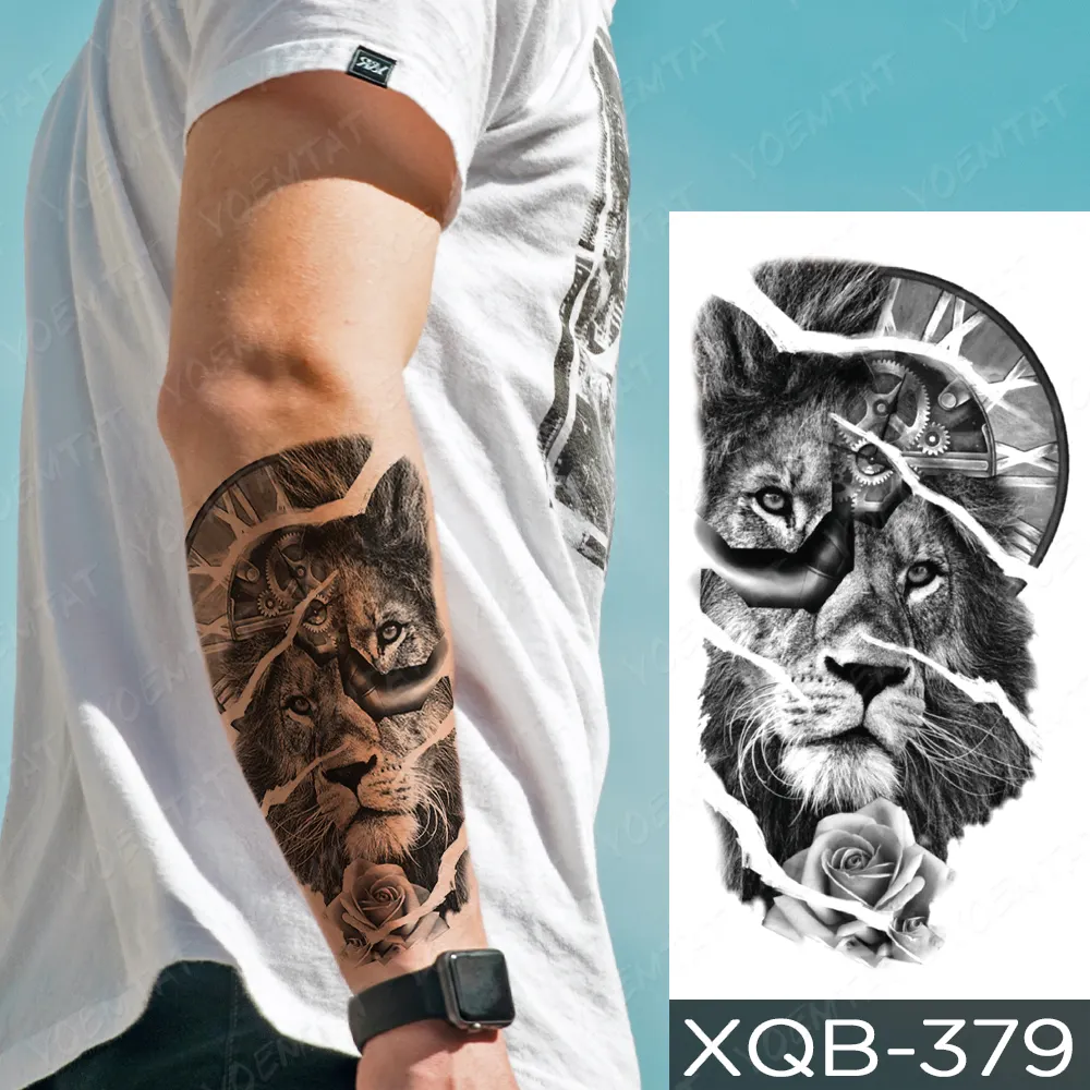 Sdrawing Sdrawing Temporary Sleeve Arm tattoo Sticker Lion Clock Tiger Gear Skeleton Rose tattoos Body Art Fake tatoo Men Women Black