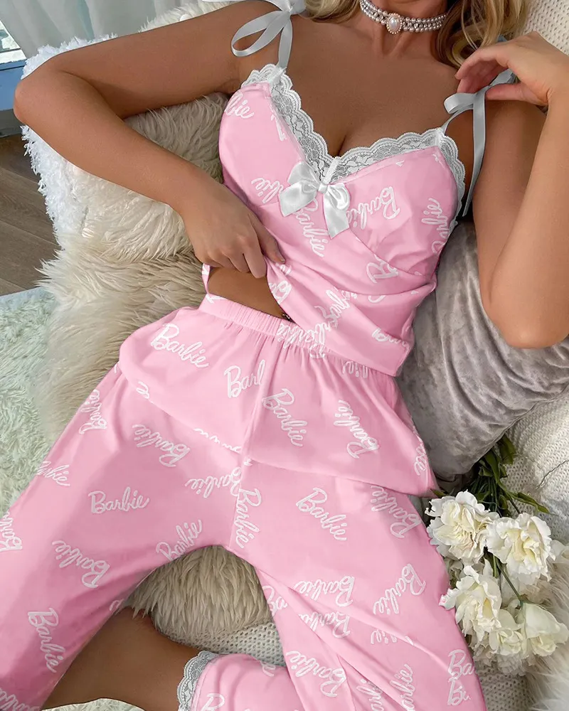 Churchf Summer New Sexy Sling Lace Pyjamas Women Summer Printing Leisure Can Wear Home Clothes Trousers Set