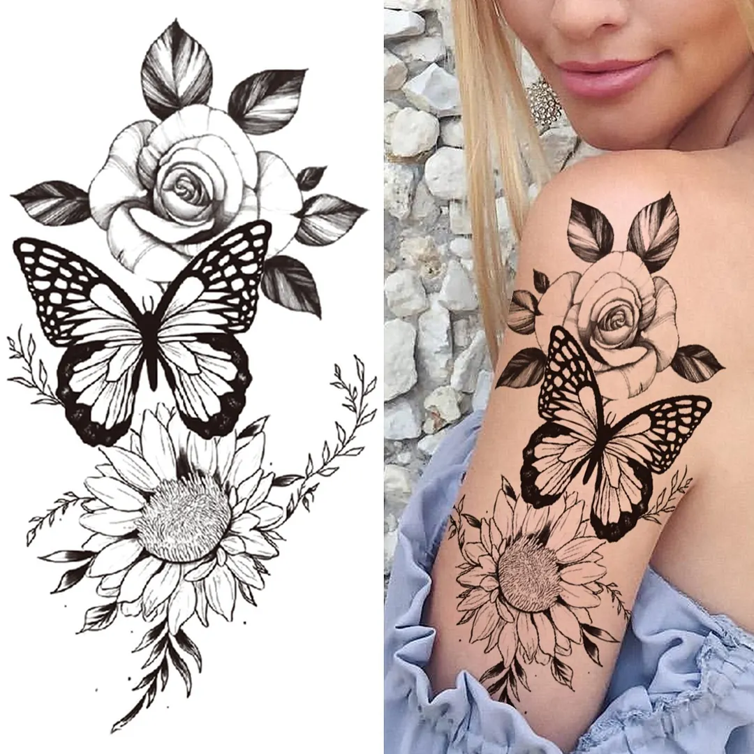 Lily Chains Flower Temporary Tattoos For Women Girl Black Butterfly Dream Catcher Tattoo Sticker Fake Rose Sexy Tatoos Back Body 1108