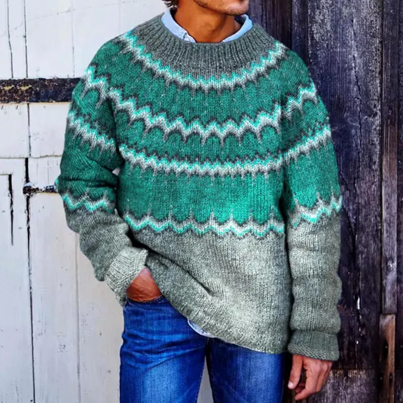 Men's Contrast Curved Jacquard Graphic Art Cozy Knit Sweater