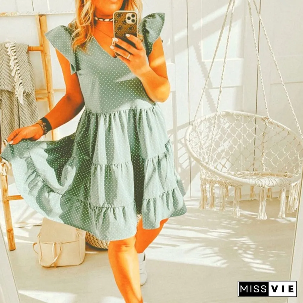 Women New Summer Sundress Casual Ruffles Sleeves V-neck Dot Boho Party Vestidos Elegant Mini Dresses Fashion Vestidos