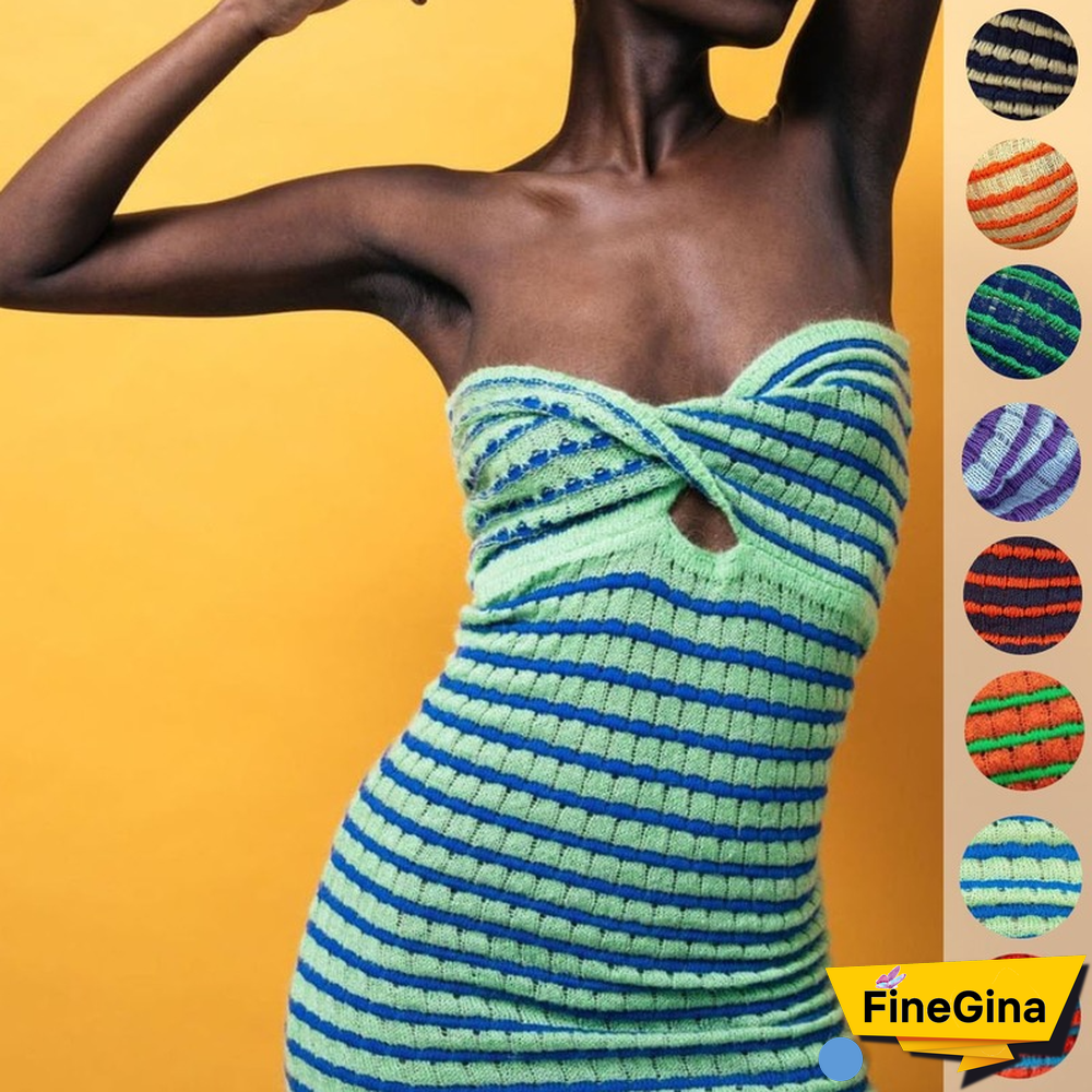 Sexy Criss-Cross Knitted Strapless Dress Women Summer Dresses NEW Casual Hollow Out V-Neck Chic Striped Hem Slit Mini Dress