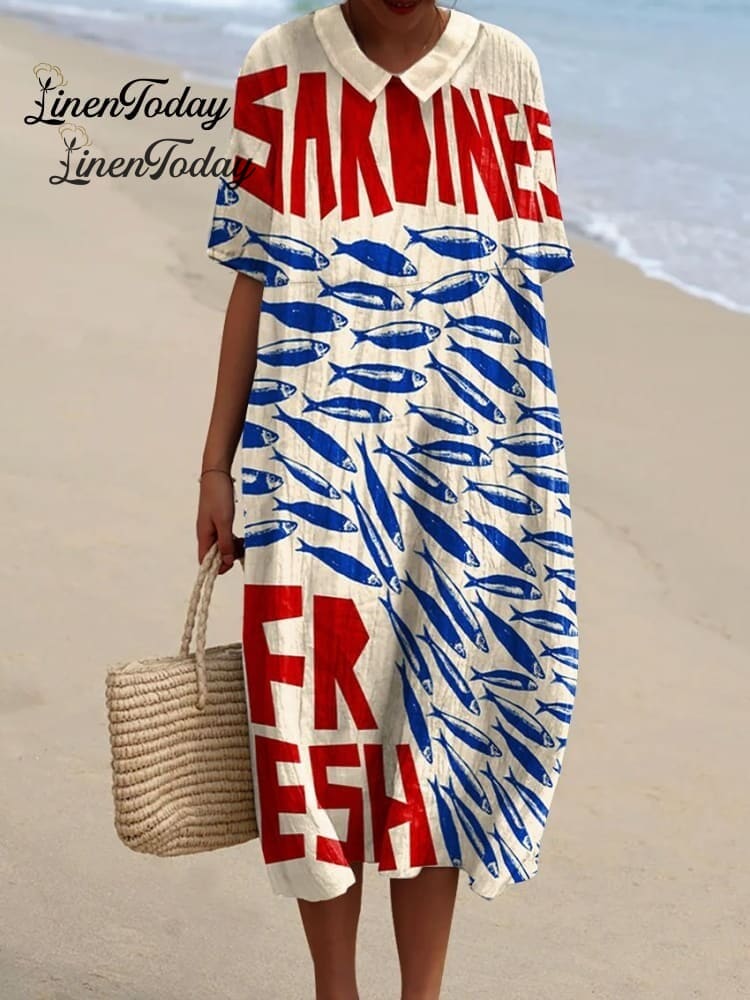 Women&rsquo;s Vintage Fish Sardine Art Print Pocket Cotton Dress Dress-3 / S