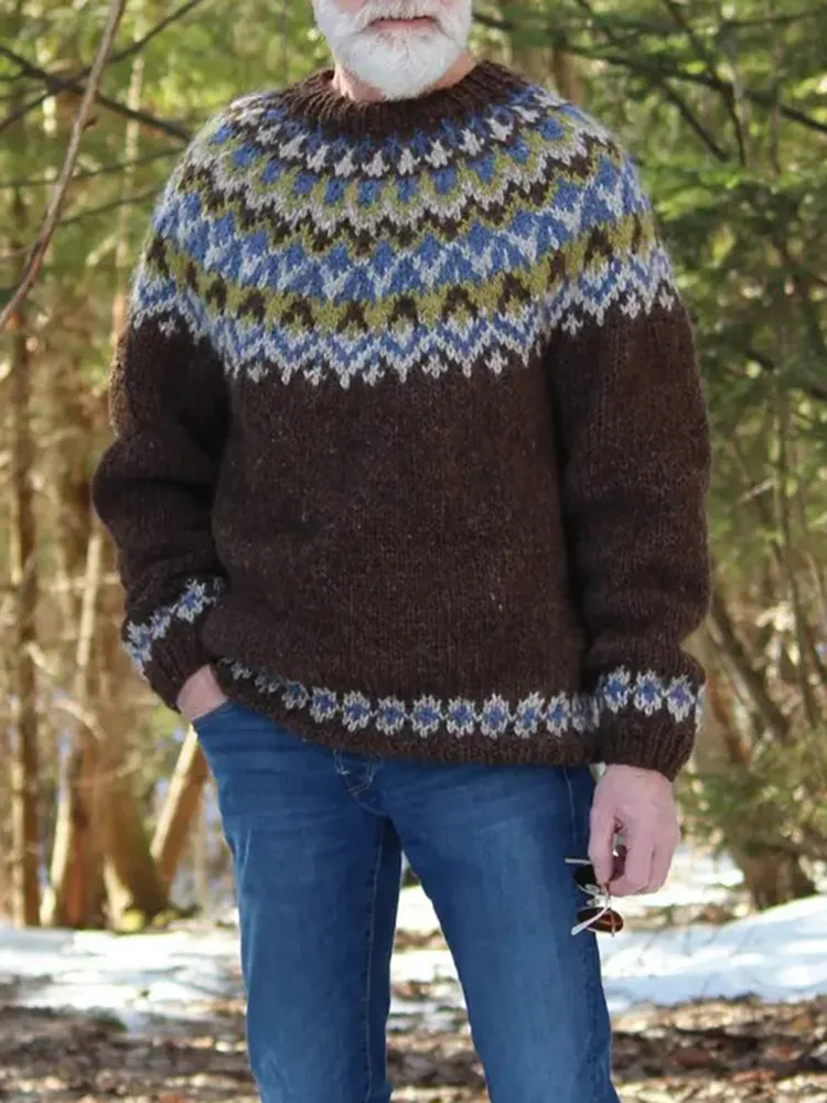 Men'S Vintage Knitted Jacquard Crew Neck Sweater