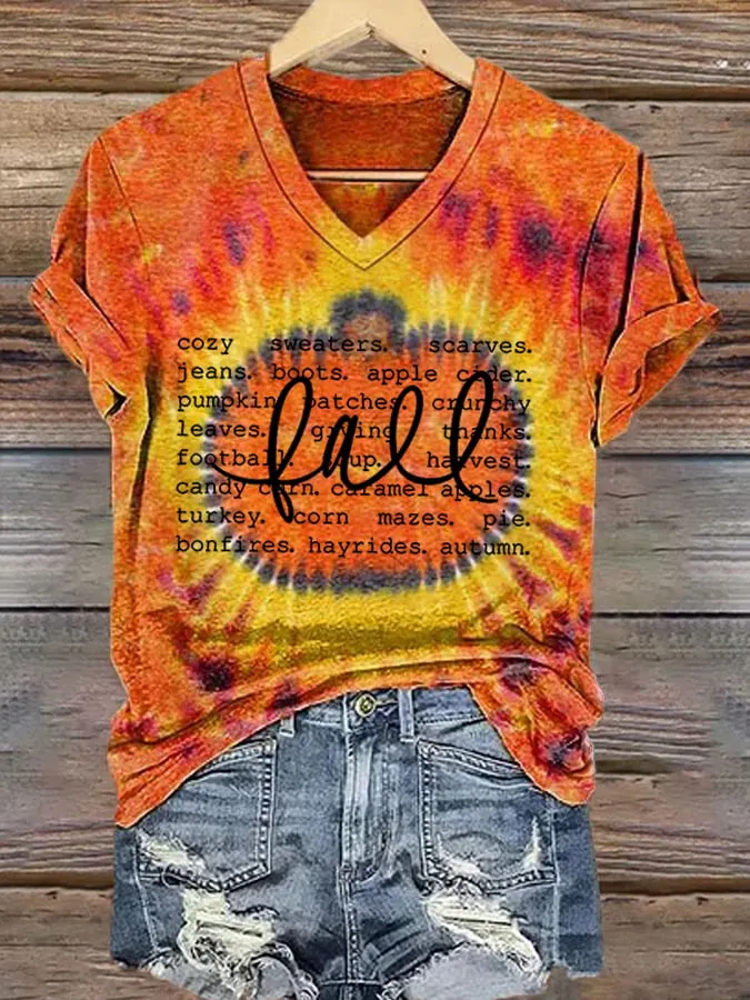 Women's Autumn Tie Dye Pumpkin Print Casual T-Shirt 