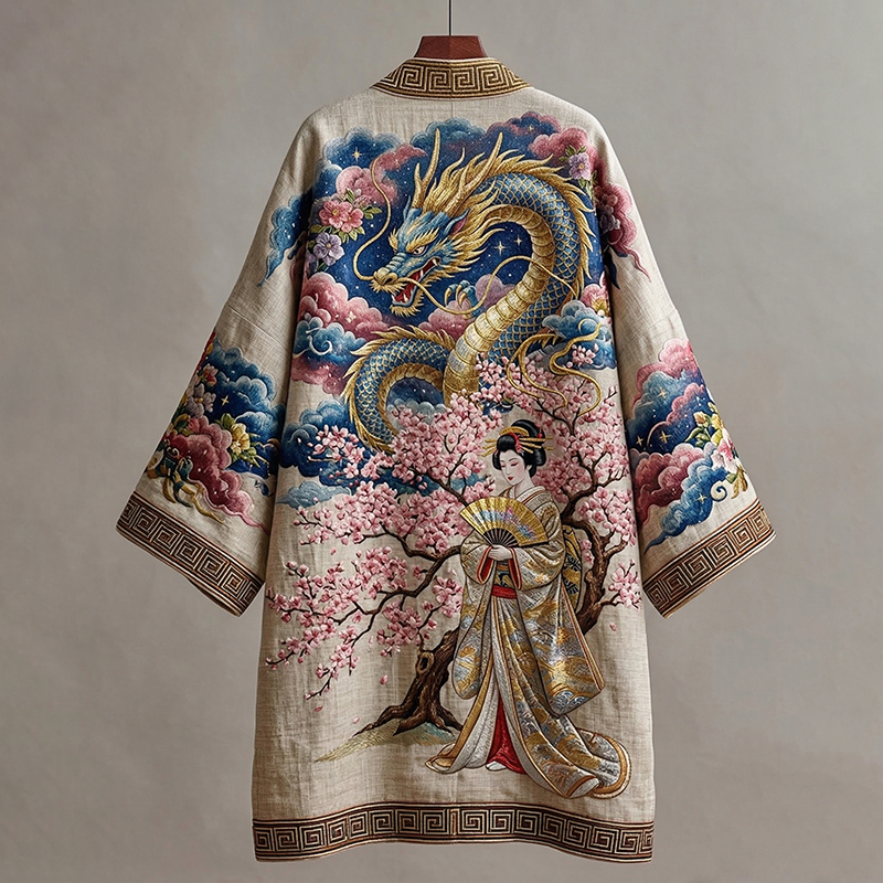 Retro Elegant Japanese Geisha And Dragon Art Linen-blend Long Kimono elevenforest