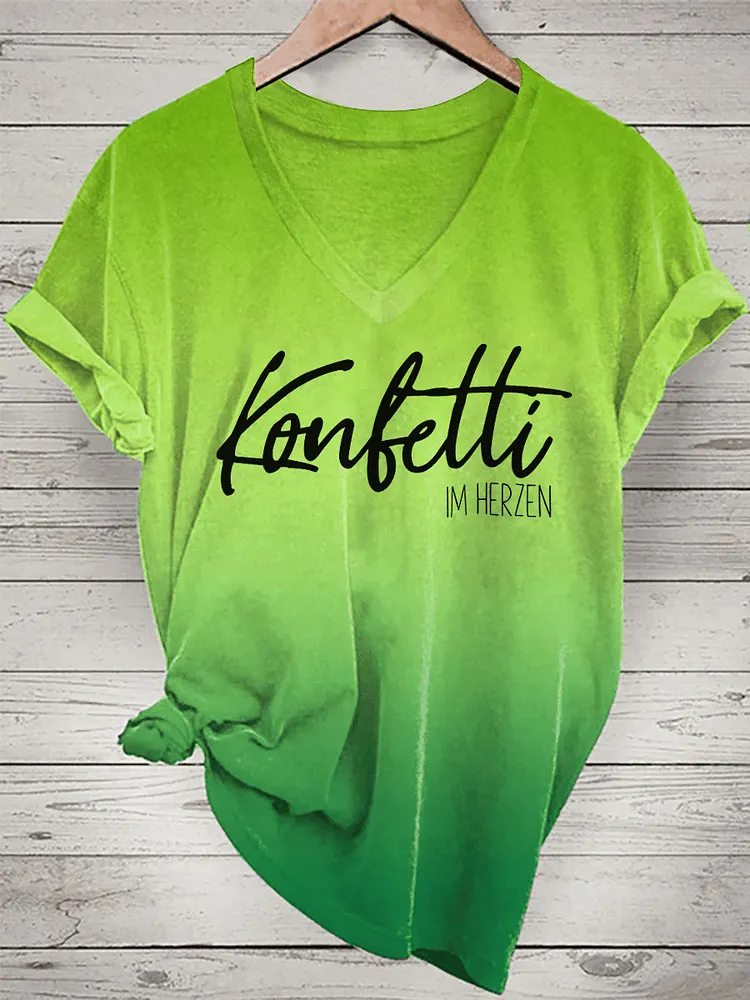 Bedrucktes T-Shirt mit V-Ausschnitt f&uuml;r Damen KONFETTI IM HERZEN