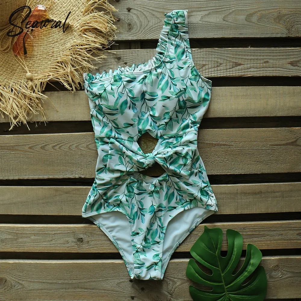 2022 Sexy One Piece Swimsuit One Shoulder Bandage Swimsuits Printi Swimwear Women Backless Bathing Suit Beachwear Monokini Swim
