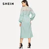 SHEIN Turquoise Lace Yoke Pearl Beading Lantern Sleeve Belted Long Dress Spring Women Solid Laser Cut Hollow Out Midi Dresses
