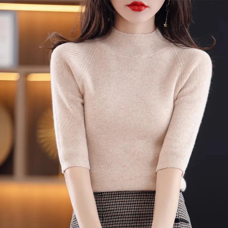 Churchf Churchf Summer Slim Head Five Minute Sleeve Bottom Top New Half High Collar Solid Color Simple Medium Sleeve Sweater Women