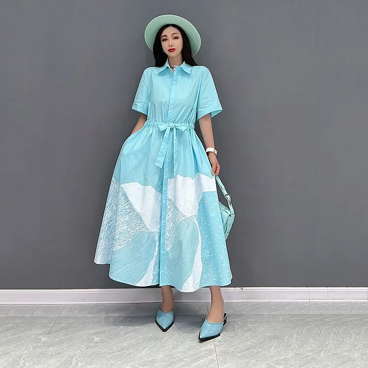 Loose Solid Color Line Drawing Printed Drawstring Half Sleeve Single Breasted Dress    
