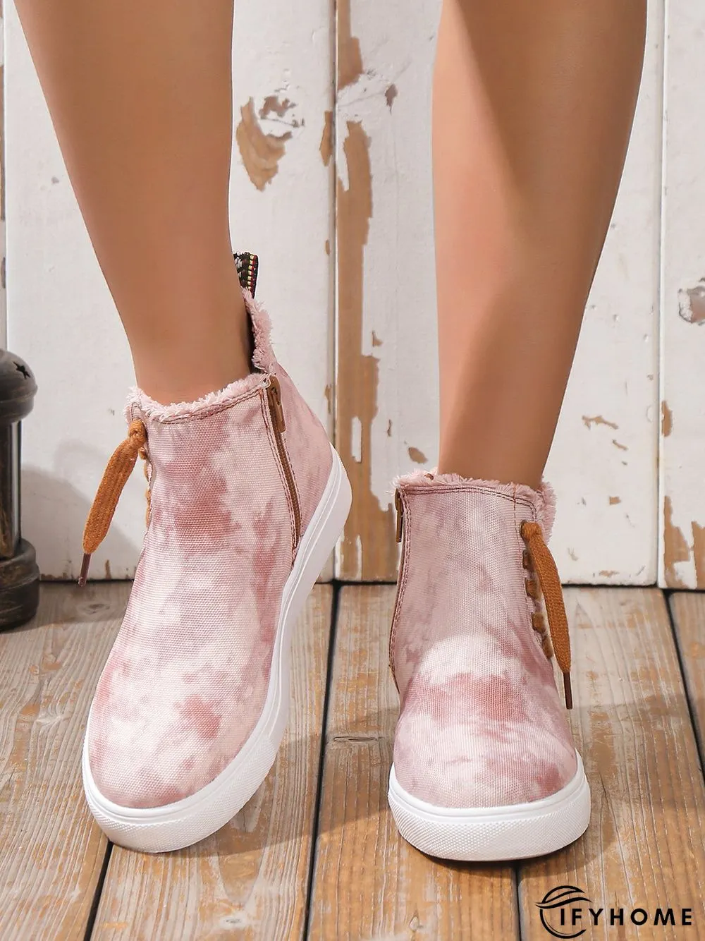 Casual Lace-up Decor Fringe High Top Canvas Shoes with Side Zip | IFYHOME
