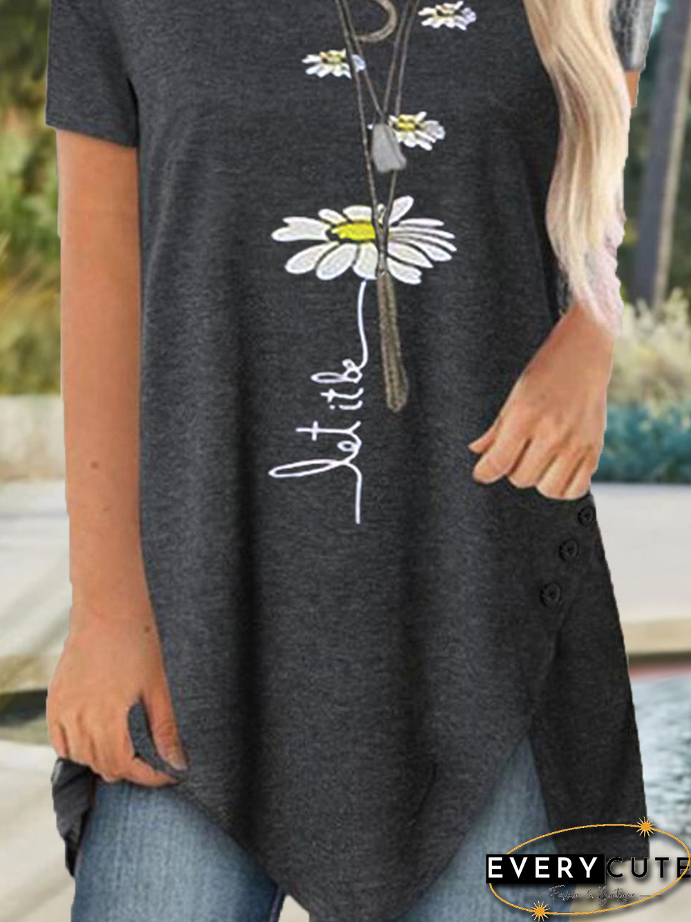 Vacation Floral Letter Loosen Crew Neck TunicShort Sleeve T-Shirt