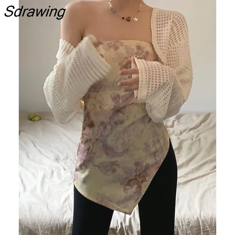 Sdrawing Grunge T-shirt Women Y2k Two Piece Tops Hollow Out Cloak+ Tie Dye Corset Streetwear Vintage Tops E Girl Summer Clothes