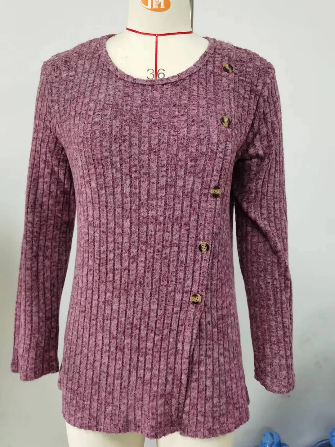 Churchf Churchf New Round Collar Solid Color Splicing Button Long Sleeve Loose T Shirt Women