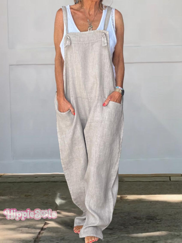 Wide Leg Cotton Jumpsuit Beige / S
