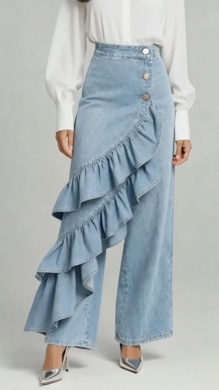  Asymmetrical Ruffle Denim Wide Leg Pants