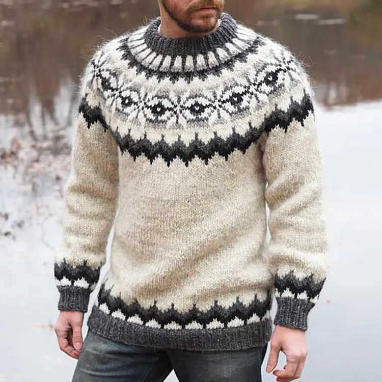 Vintage Beige Knitted Jacquard Iceland Crew Neck Sweater