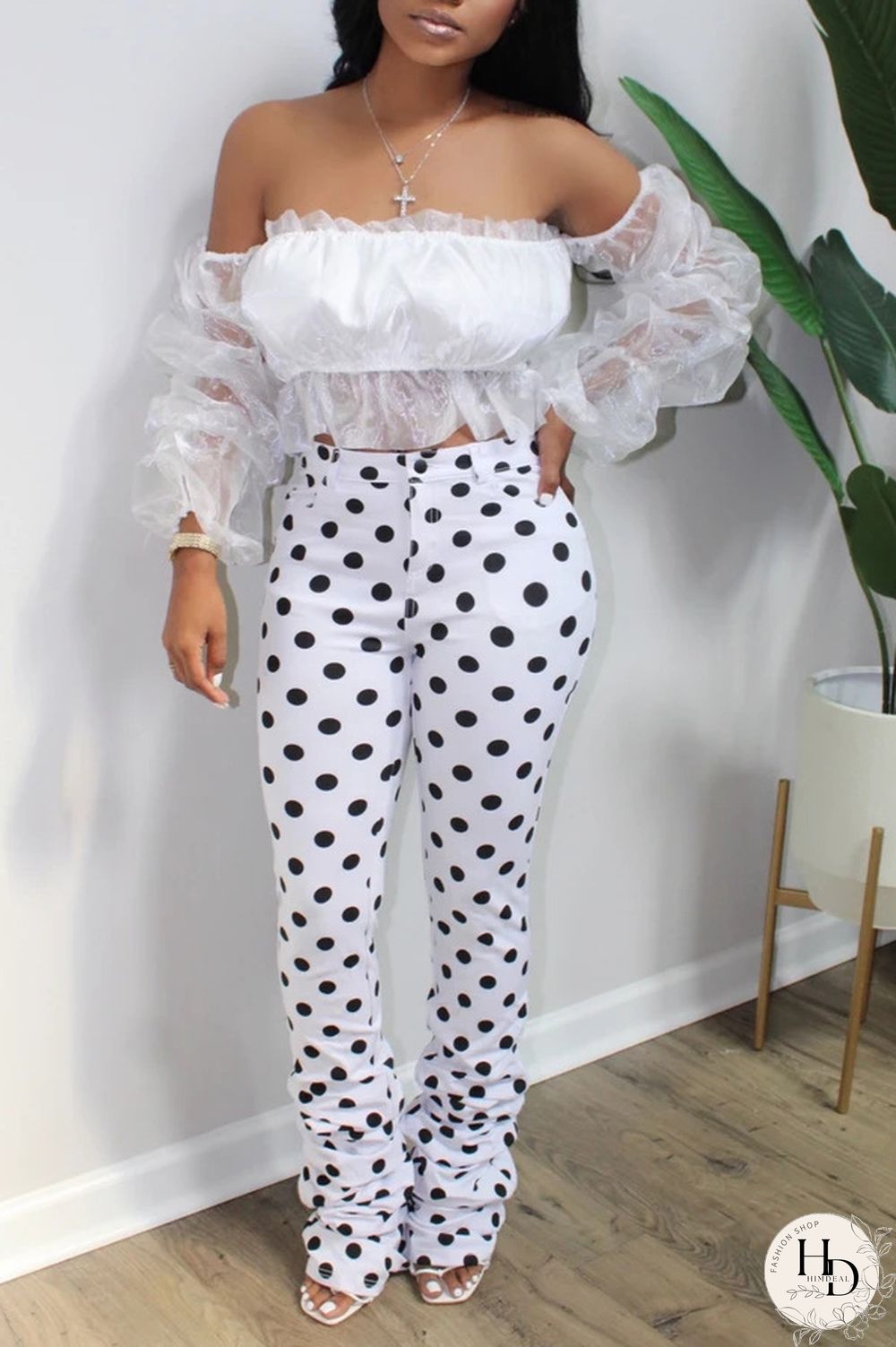 Black venetian Zipper Fly Mid Dot Print Straight Pants Bottoms