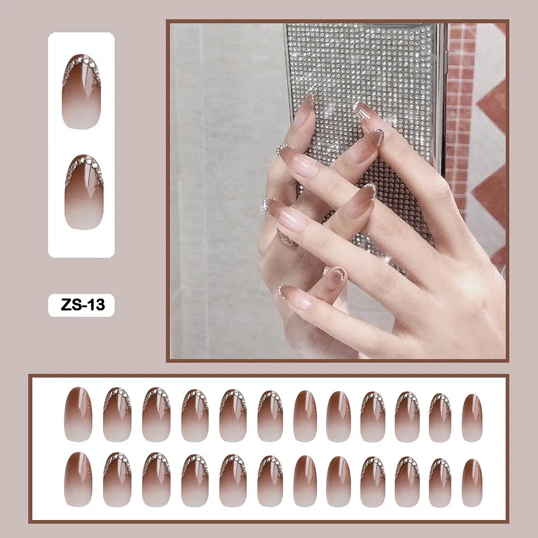 24PCS False Nails with Glue Rhinestones Long Trapezoid Detachable Pearl Stick on Nails Press on Nails Art With Wearing Tools-Nail Inspo