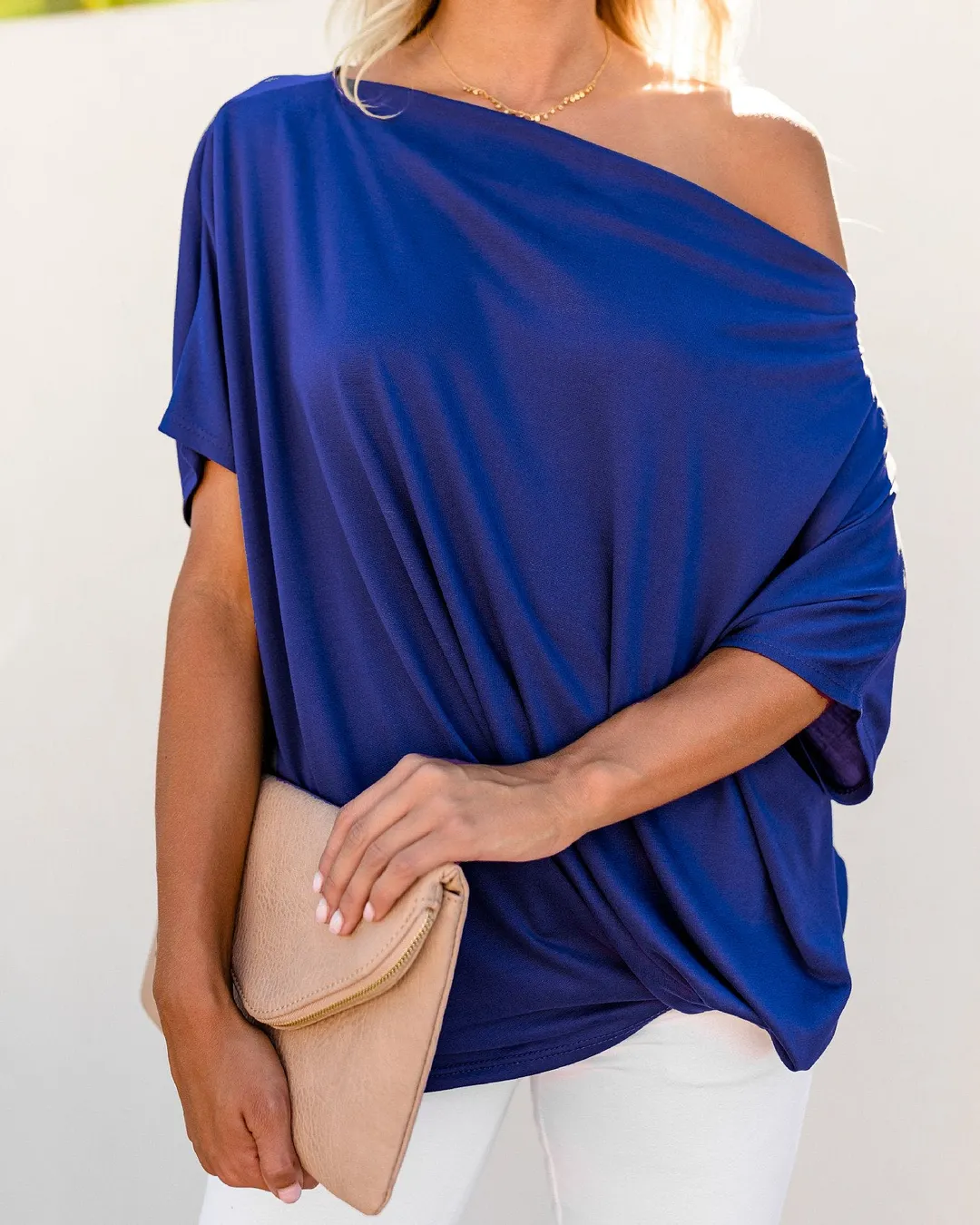 Sexy Pure Color Slanted Shoulder Baggy Blouse T-Shirt