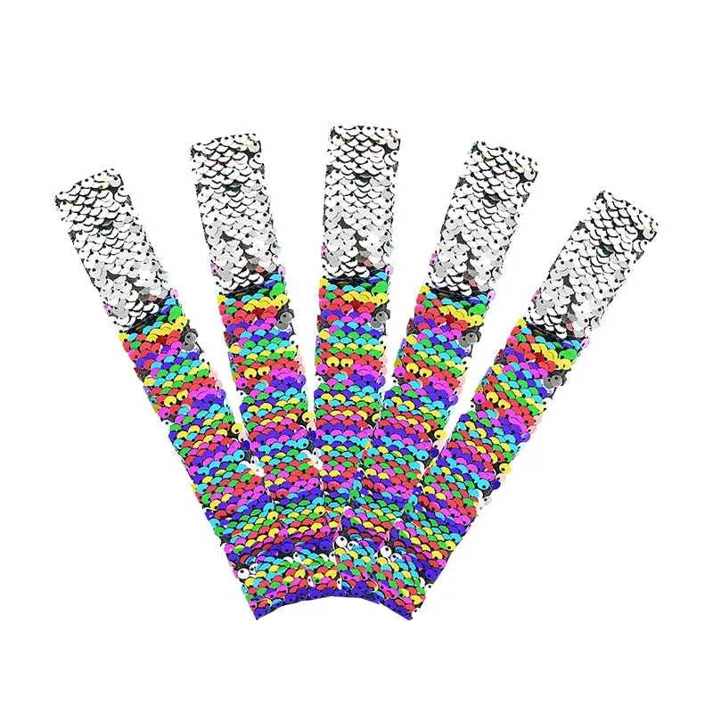 5pcs Glitter Slap Bracelets Mermaid Sequin Wristband for Girl Little Mermaid Birthday Party Decoration Gift Kids Toy Baby Shower