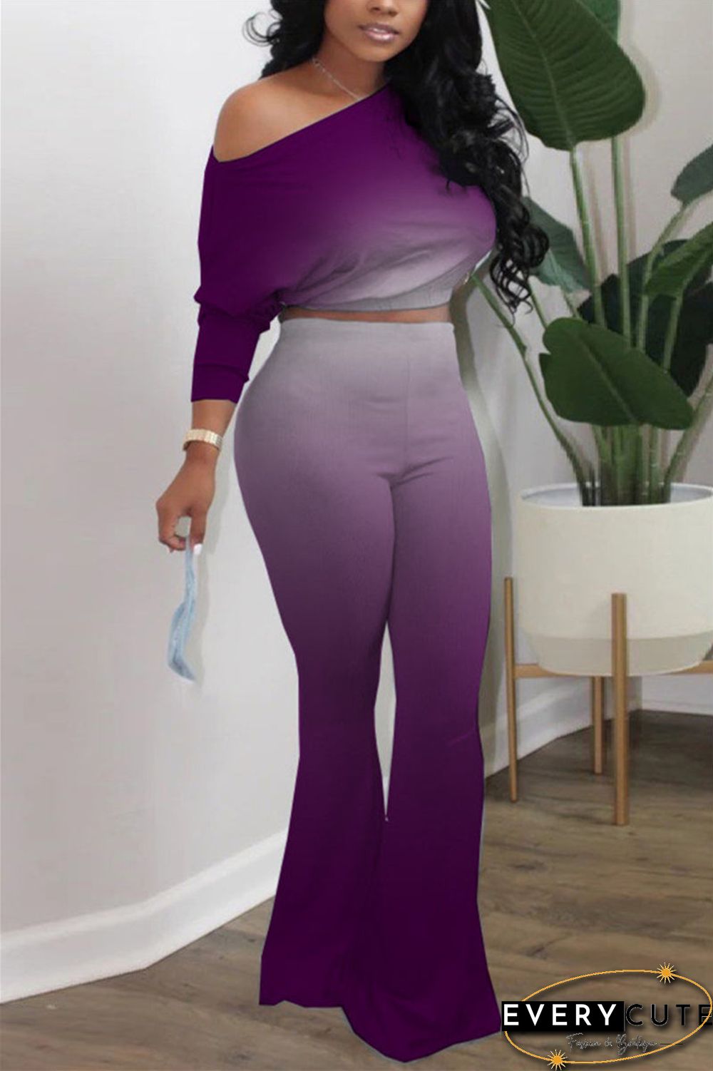 Fashion Long Sleeve Oblique Collar Regular Sleeve Short Gradual Change Print Two Pieces