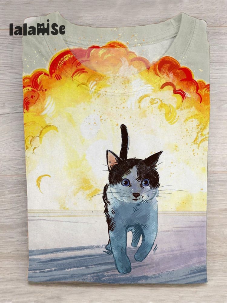 Cat Art Print Casual T - Shirt Multicolor / S