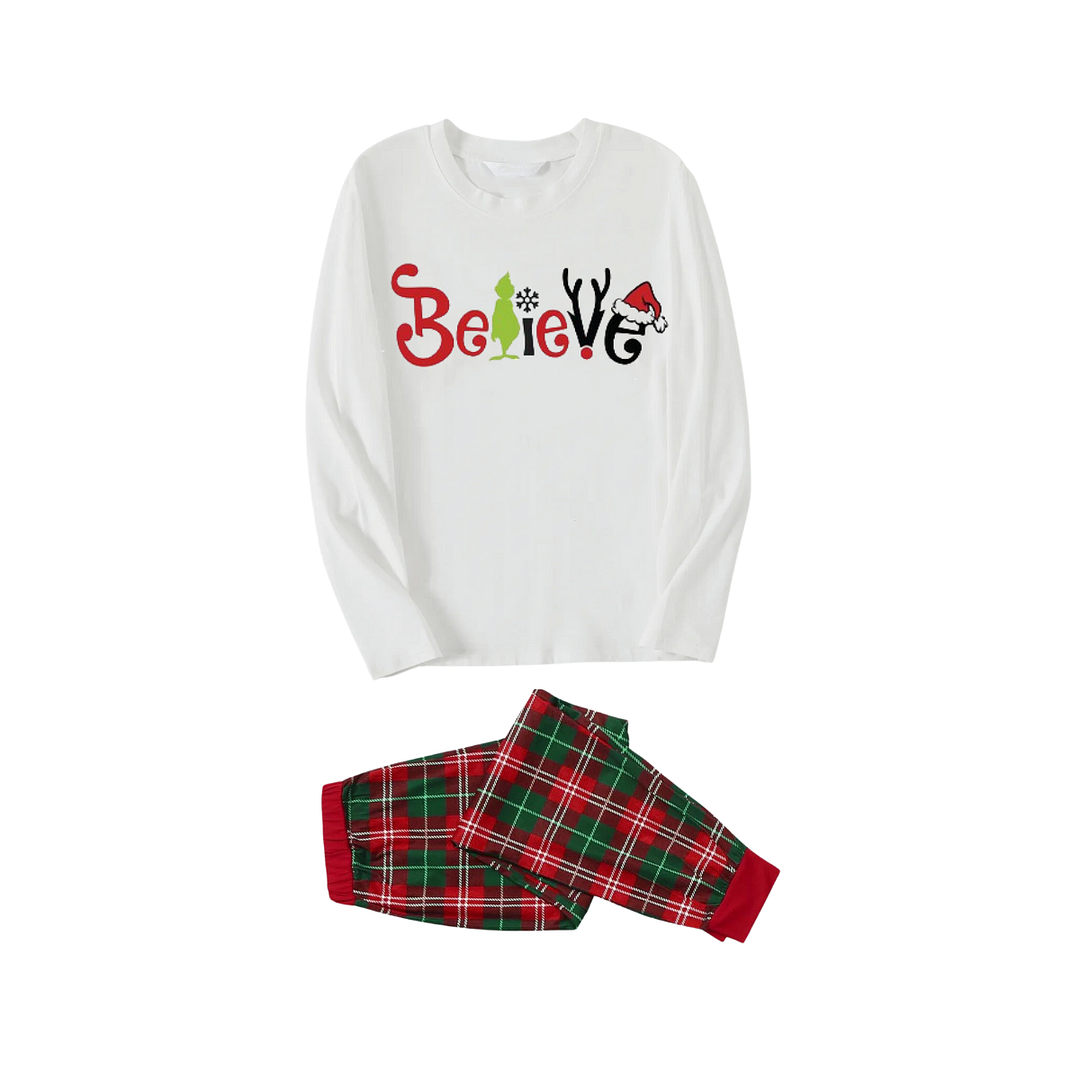 Christmas 2024 "Believe" Letter White Long Sleeve Top with Red & Green Plaid Pants Couple Matching Pajamas