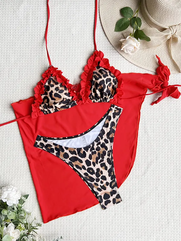 Ruffled Leopard Halter-Neck Bikini Swimsuit Skirts Three Pieces Set