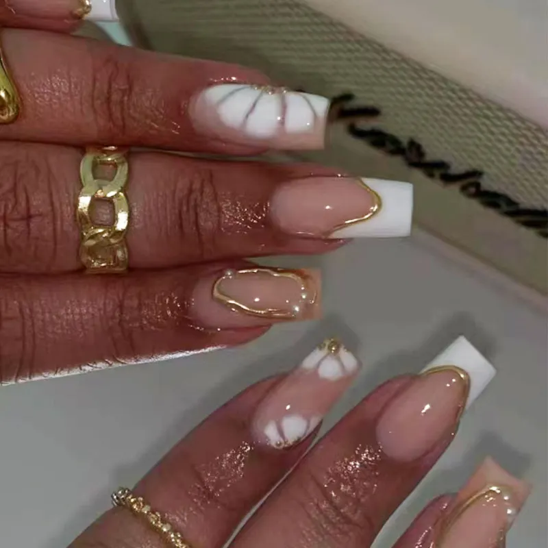 Churchf Churchf Patch Simple Removable Nail Gold Three-Dimensional Line Wear Nail French Flower Beautiful Nail Piece Diamond Style