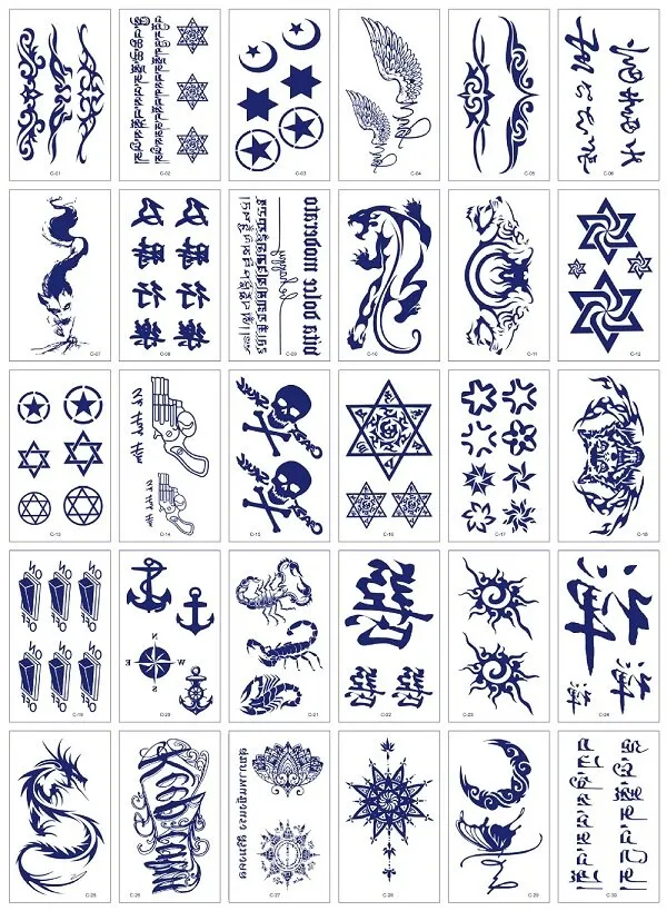 30Pcs/Set No Repeat Temporary Juice Tattoo Stickers Waterproof Disposable Butterfly Words Totem tatouage temporaire Blue Color