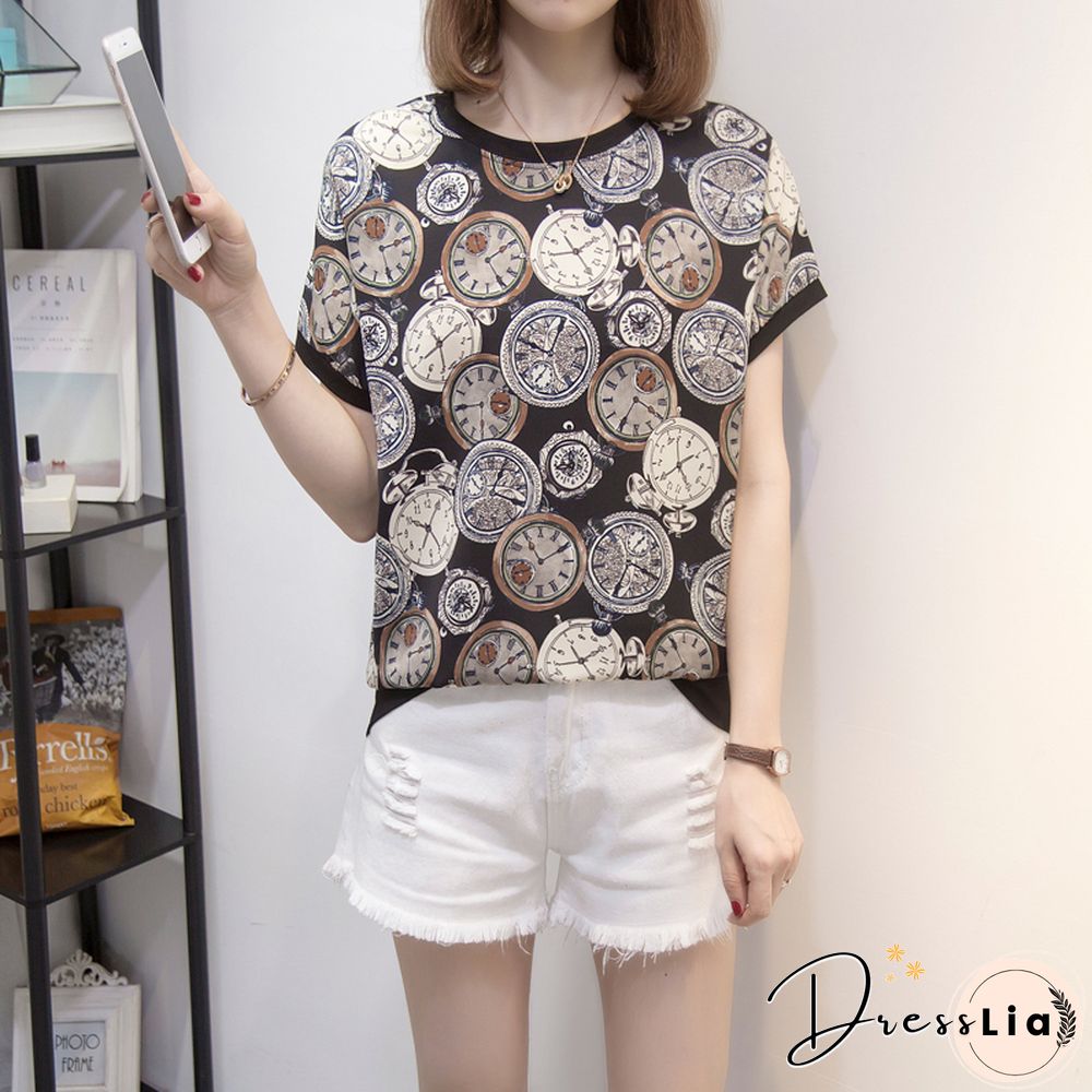 Nkandby Summer Women Short Sleeve Tshirt Chiffon Patchwork Fashion Vintage Print T-Shirt Cool Loose Streetwear Tops Femme
