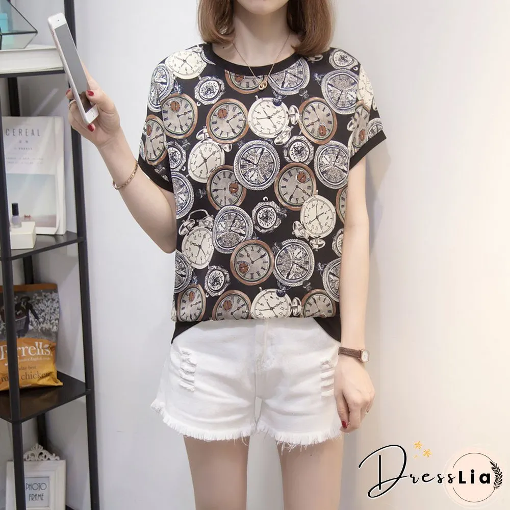 Nkandby Summer Women Short Sleeve Tshirt Chiffon Patchwork Fashion Vintage Print T-Shirt Cool Loose Streetwear Tops Femme