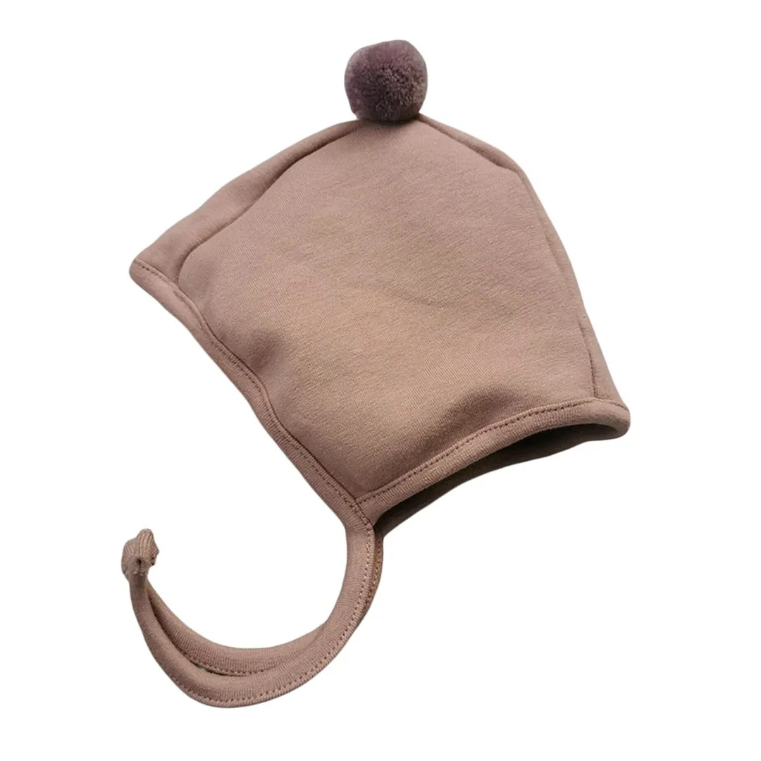 Winter Baby Boy Girl Warm Cap Hat No-Brim Plush Ball Hat Beanie Bear Ears Solid Strap Caps