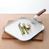 Stainless Steel Square Frying Pan/Grill Pan 304 Home Use Uncoated with Wooden Handle, Three-layer Structure with Aluminum Core, Suitable for Home and Outdoor Extra Large Flat Cooking Tray, All Stovetops