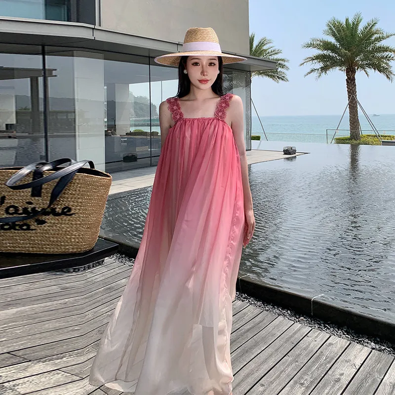 Churchf Churchf Dress Seaside Pink Sling Chiffon Dress Super Fairy Big Skirt