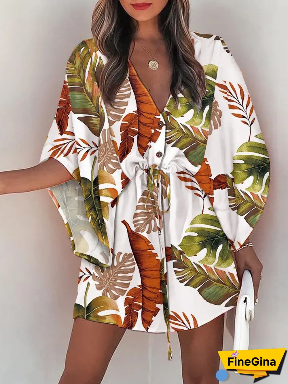 Summer Women's Fashion Holiday Dress Casual Print Flying Sleeve V-Neck Drawstring Mini Loose Dresses For Women Streetwear