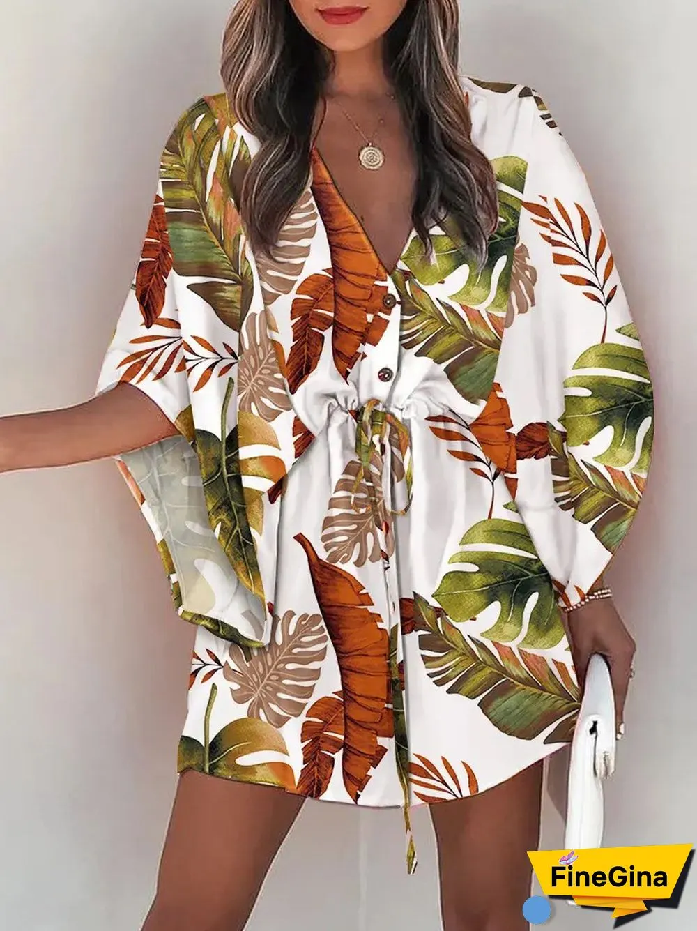 Summer Women's Fashion Holiday Dress Casual Print Flying Sleeve V-Neck Drawstring Mini Loose Dresses For Women Streetwear