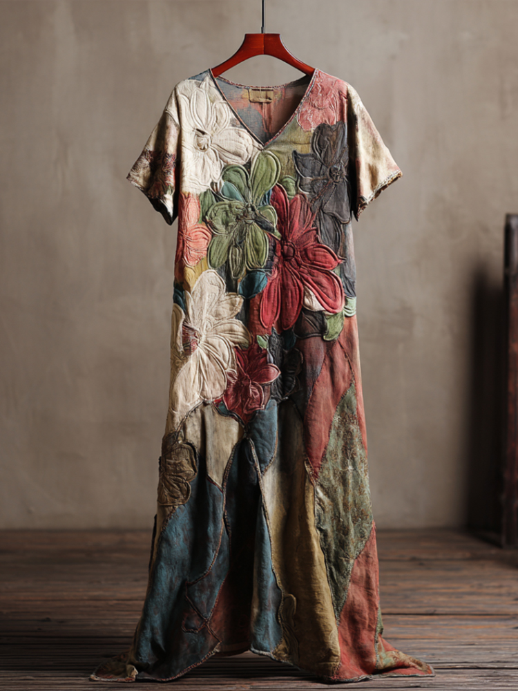 Japanese-style Oil Painting Texture Floral Embroidered Cotton Linen Short Sleeve Dress elevenforest