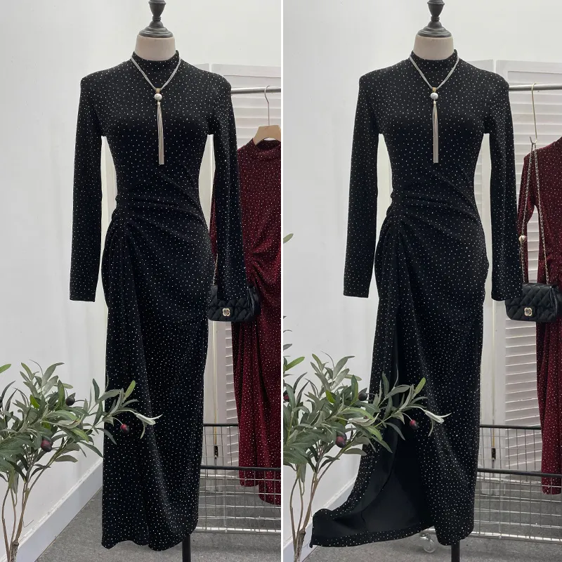 Churchf Design Sexy High Open Fork Folded Small Squint Dress Half-High Collared Shoulder Dress 8872