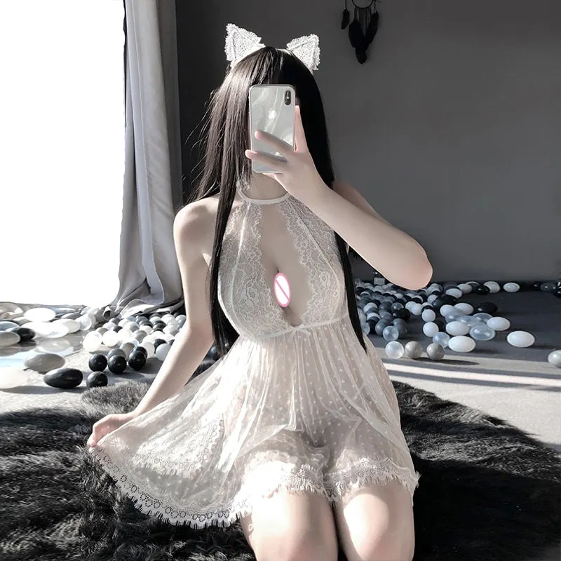 OJBK 2 Colors Sexy Transparent Mesh Lace Wave Point Women's Underwear Halter Backless Split Erotic Lingerie for Sex Plus Size
