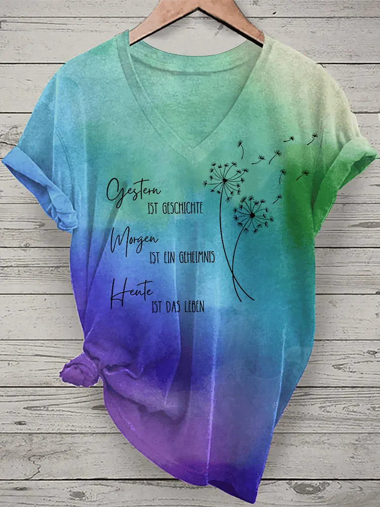 Damen-T-Shirt mit L&ouml;wenzahn und Sprichw&ouml;rter Tie Dye Print Kurzarm