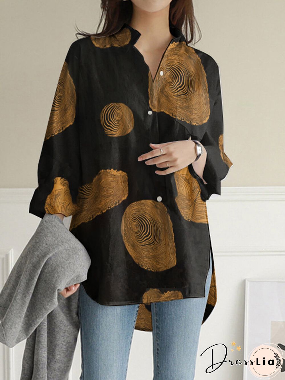 Geometry Print Long Sleeves Casual Loose Blouse With Pockets
