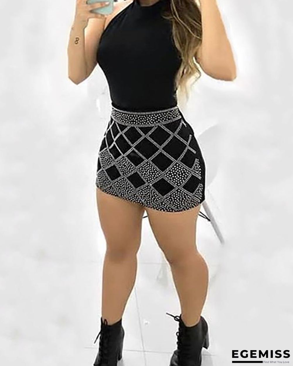 Sleeveless Dots Print Bodycon Mini Dress Black Dresses | EGEMISS