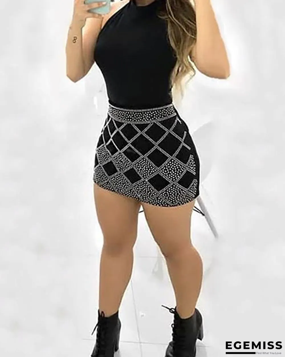 Sleeveless Dots Print Bodycon Mini Dress Black Dresses | EGEMISS