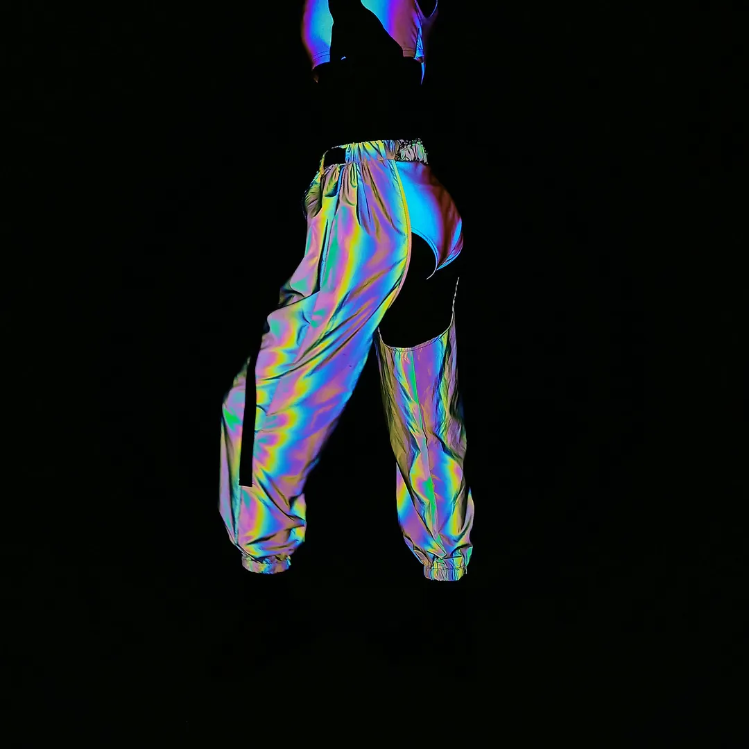 Nigikala Fashion Sexy Open-Crotch Dazzle Reflective Pants Female Ins Hip Hop Trend Laser Cargo Casual Pants